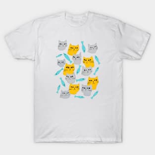 Strange grey and yellow cats with black eyes and blue fish T-Shirt